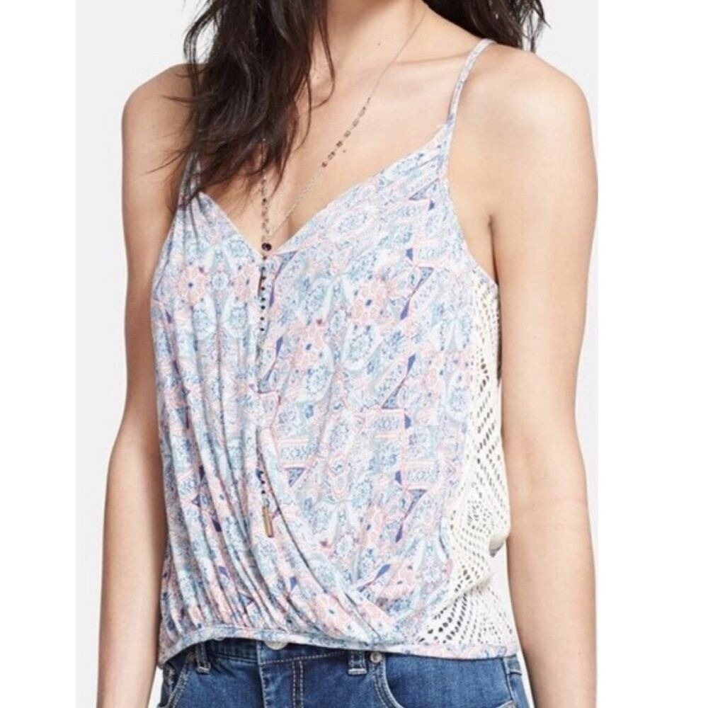 Free People Boho Floral Crochet Lace Tank Top Wrap Front Spaghetti Strap Cami XS
